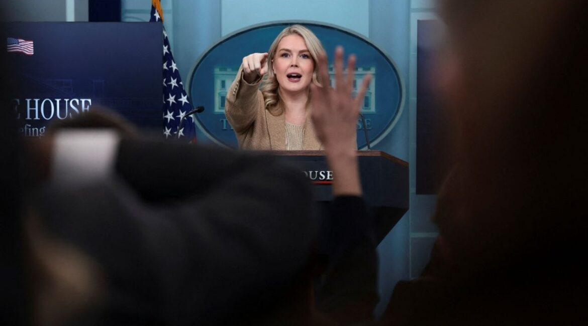 White House Press Secretary Karoline Leavitt points while she holds a press briefing at the White House, in Washington, D.C., U.S., December 1, 2025. (Reuters/Evelyn Hockstein)
