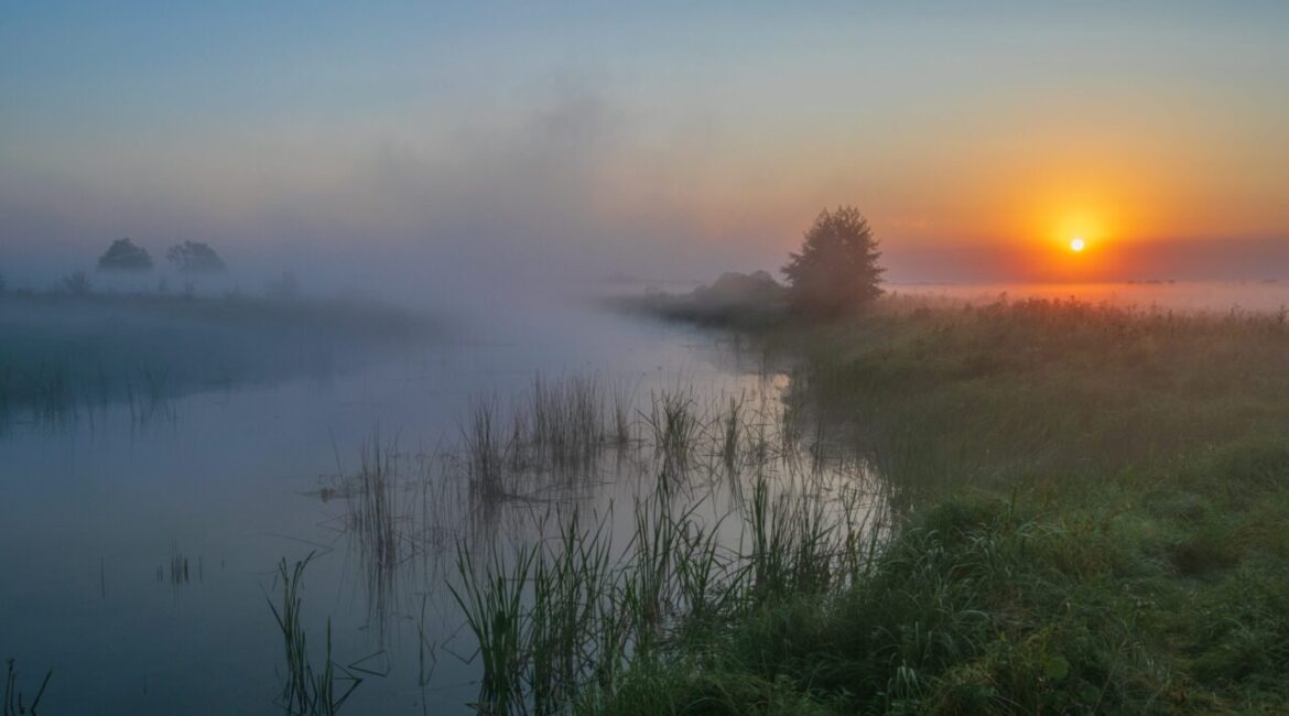 Image of the rising sun in a tableau that includes farm fields, fog, and a lake