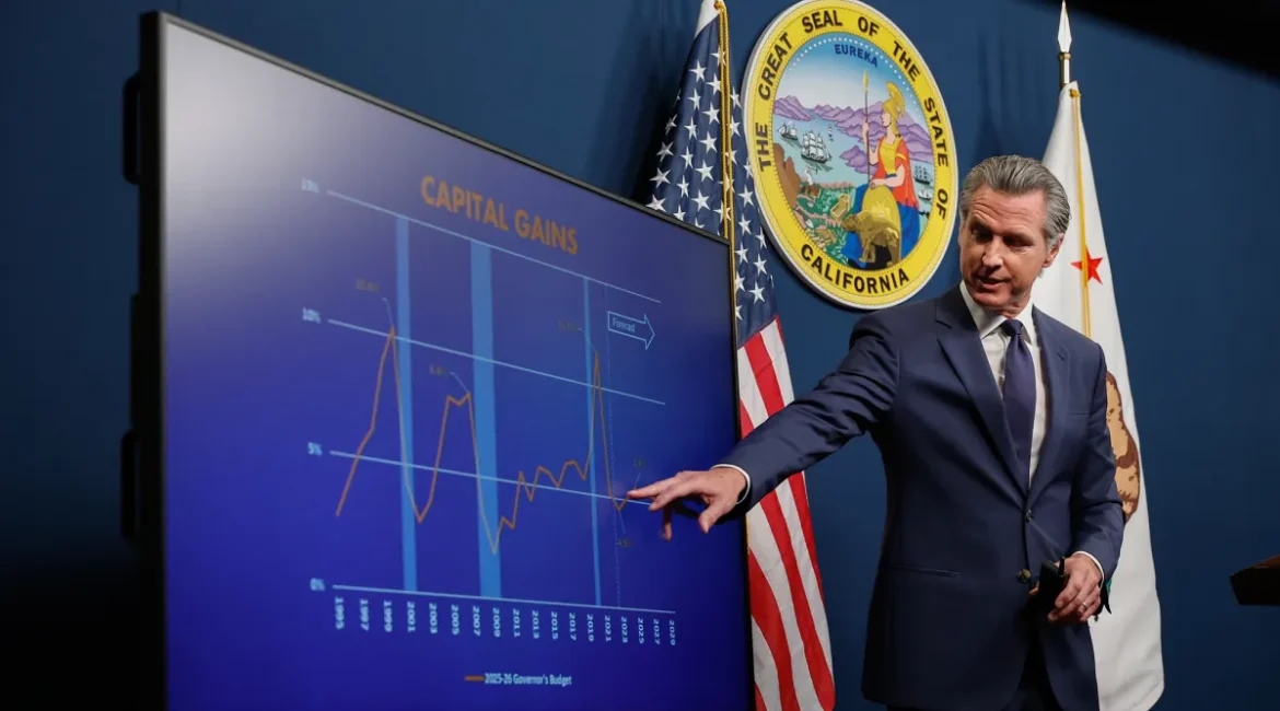 Image of Gov. Gavin Newsom pointing at a state budget chart. He's wearing a dark suit, white shirt, and tie.