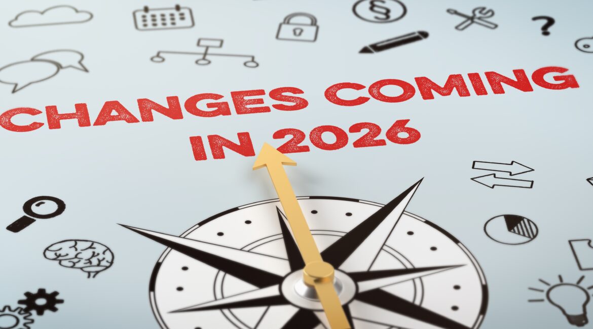 Images symbolic of new laws for 2026 in California. The symbols include a compass