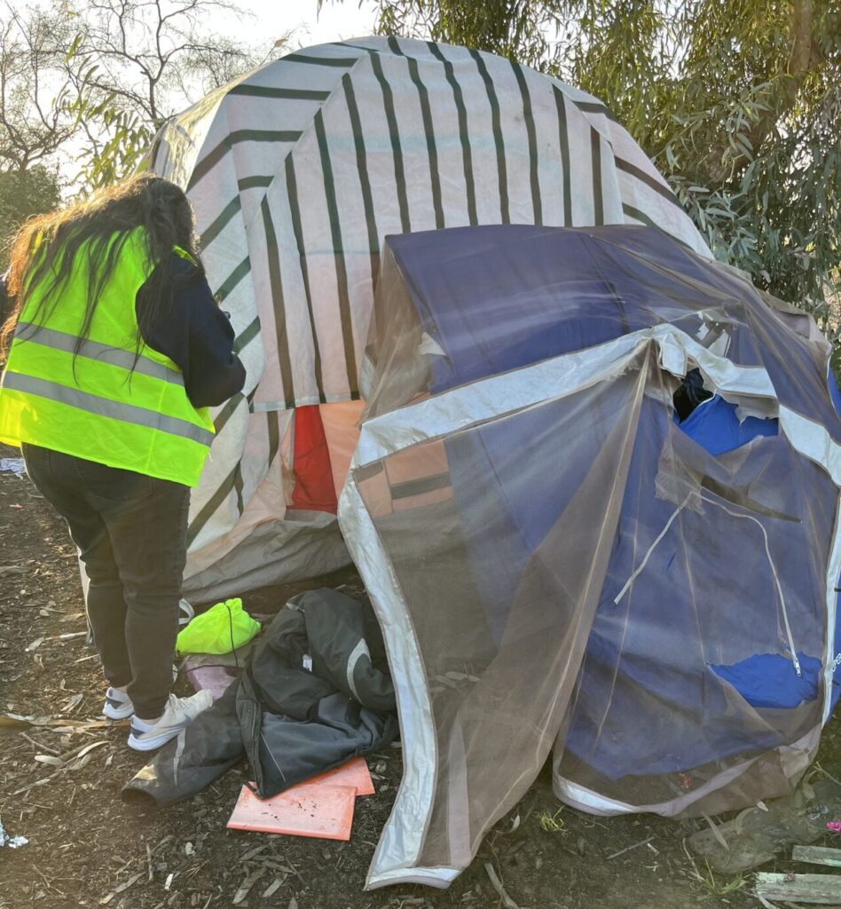 Volunteer providing supplies and asking survey questions during Wednesdays census Point-in-Count. Photo Courtesy of Fresno Madera Continuum of Care via Facebook