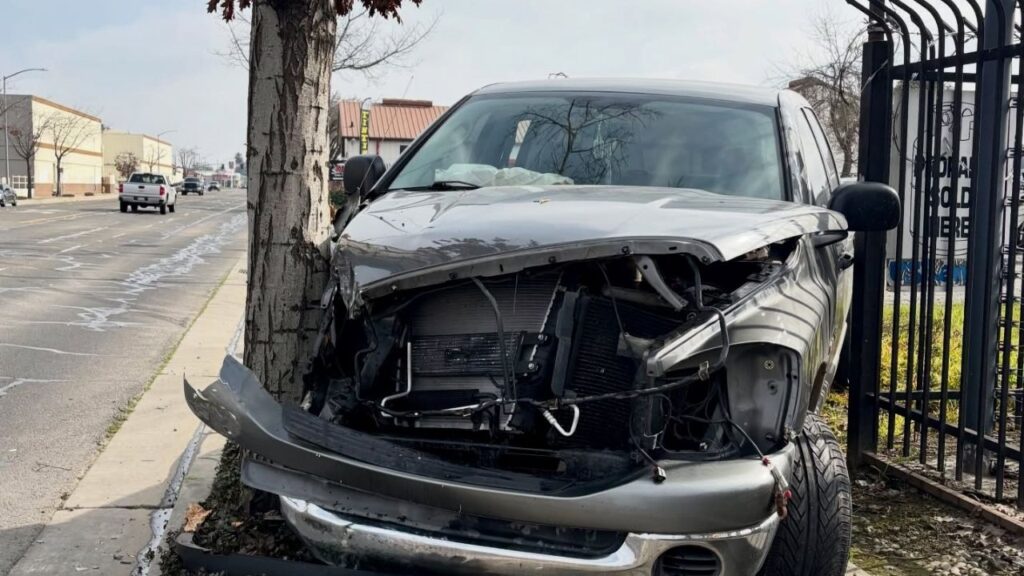 A California Highway Patrol pursuit of a stolen vehicle reported taken from a church ended Sunday, Jan. 25, 2026, afternoon in Merced when the suspect crashed into a tree and was arrested without injuries reported. (Fresno PD)