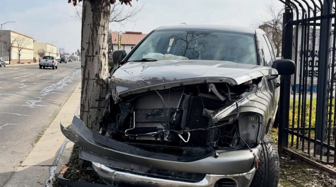 A California Highway Patrol pursuit of a stolen vehicle reported taken from a church ended Sunday, Jan. 25, 2026, afternoon in Merced when the suspect crashed into a tree and was arrested without injuries reported. (Fresno PD)