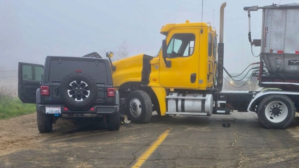 A Jeep and semi truck collided on a Merced County road Thursday, Jan. 15, 2026, morning as dense fog severely limited visibility, though no serious injuries were reported. (CHP)