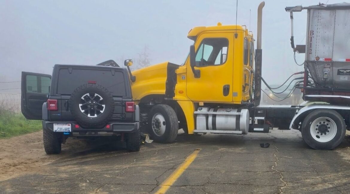 A Jeep and semi truck collided on a Merced County road Thursday, Jan. 15, 2026, morning as dense fog severely limited visibility, though no serious injuries were reported. (CHP)