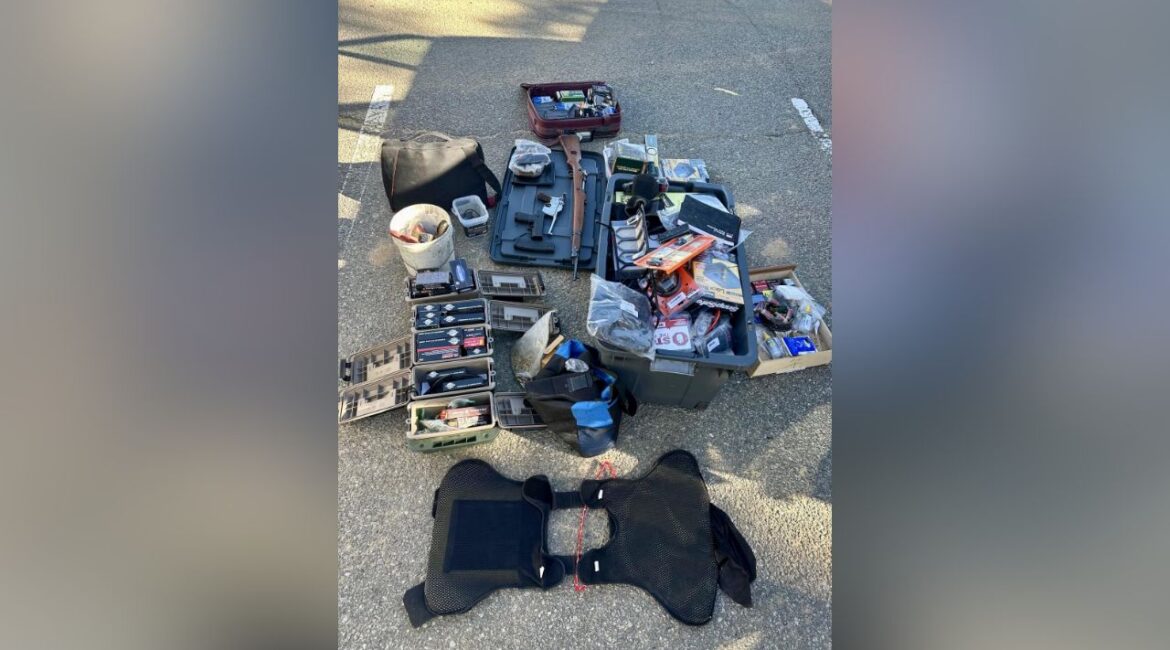 A convicted felon was arrested in the Boron area after Kern County sheriff’s deputies found stolen firearms, ammunition and related property from a Mojave burglary inside his travel trailer, authorities said. (Kern County SO)