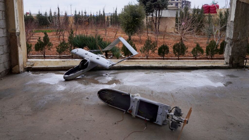 A damaged drone, which the Syrian army says belonged to SDF, lies on the ground, after Syria and the main Kurdish fighting force SDF struck a wide-ranging deal to bring Kurdish civilian and military authorities under central government control on Sunday, ending days of fighting in which Syrian troops captured territory including key oil fields, in Tabqa, Syria January 18, 2026. (Reuters/Karam al-Masri)