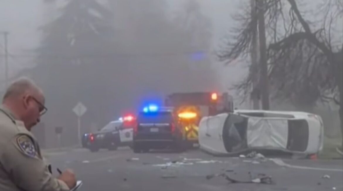 A driver suffered minor injuries after an early-morning crash in Fresno caused by inattention and foggy conditions sent a vehicle off the road into a power pole and onto its side, CHP said Tuesday, Jan. 20, 2026. (CHP)
