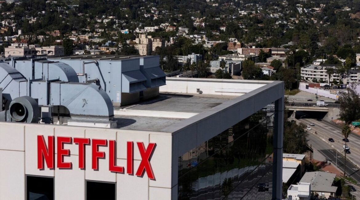 A drone view shows the Netflix logo on one of the company's buildings in the Hollywood neighborhood in Los Angeles, California, U.S., January 20, 2026. (Reuters/Daniel Cole)