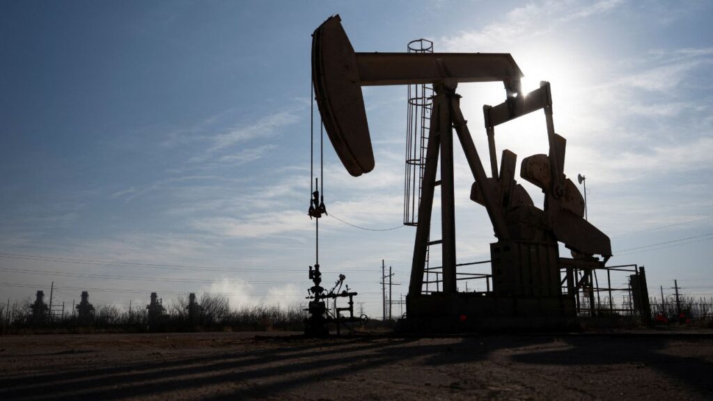 A pump jack operates near a gas turbine power plant in the Permian Basin oil field outside of Odessa, Texas, U.S. February 18, 2025. (Reuters/Eli Hartman)