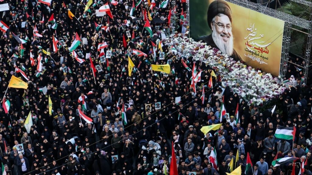 A rally in Tehran after Hassan Nasrallah, who led Hezbollah for more than three decades, was killed in Israeli airstrikes, Sept. 30, 2024. American authorities have long accused Hezbollah of complicity in drug trafficking and money laundering schemes in Venezuela. (Arash Khamooshi/The New York Times)