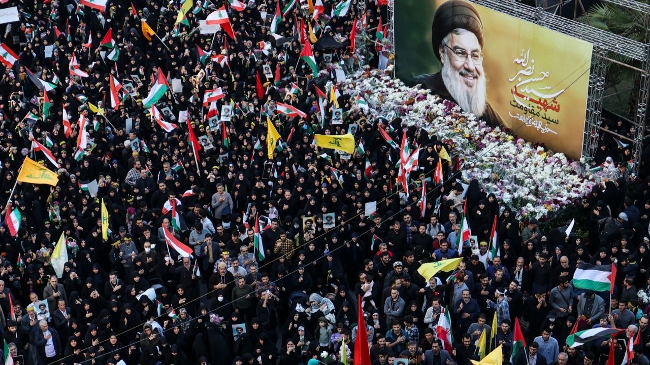 A rally in Tehran after Hassan Nasrallah, who led Hezbollah for more than three decades, was killed in Israeli airstrikes, Sept. 30, 2024. American authorities have long accused Hezbollah of complicity in drug trafficking and money laundering schemes in Venezuela. (Arash Khamooshi/The New York Times)