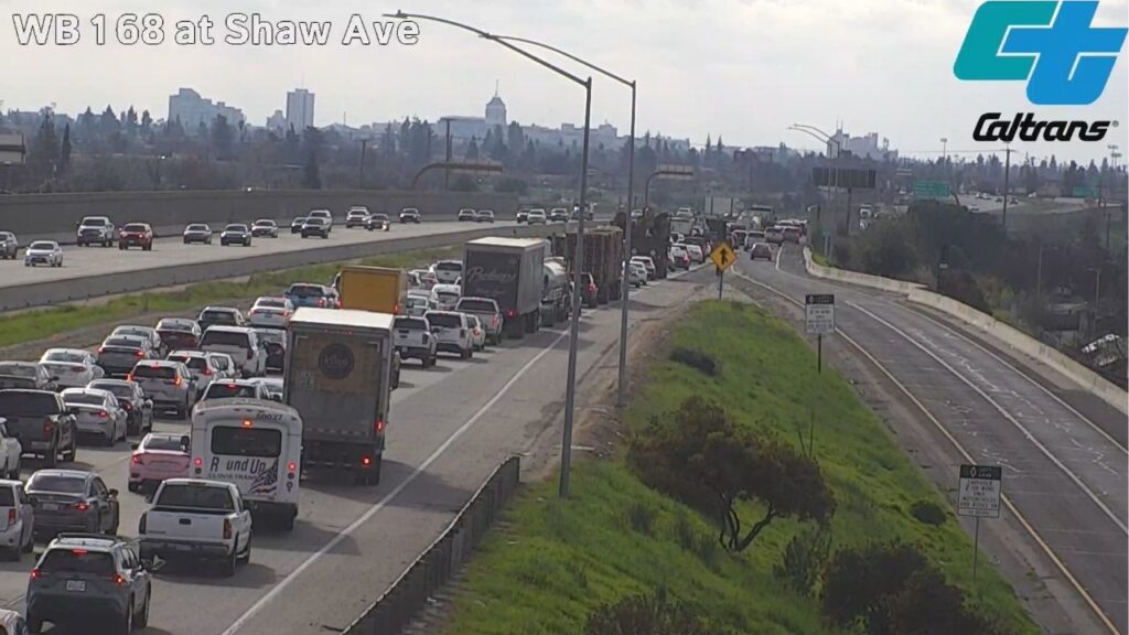 A traffic collision reduced westbound Highway 168 to one lane just west of Shaw Avenue in Fresno on Wednesday, Jan. 7, 2025, , causing delays, Caltrans said. (Caltrans)