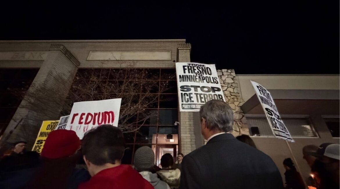 About 100 protesters rallied and marched through downtown Fresno on Thursday, Jan. 9, 2026, to oppose immigration enforcement, following a fatal ICE-related operation elsewhere. (GV Wire/Maryanne Casas-Perez)