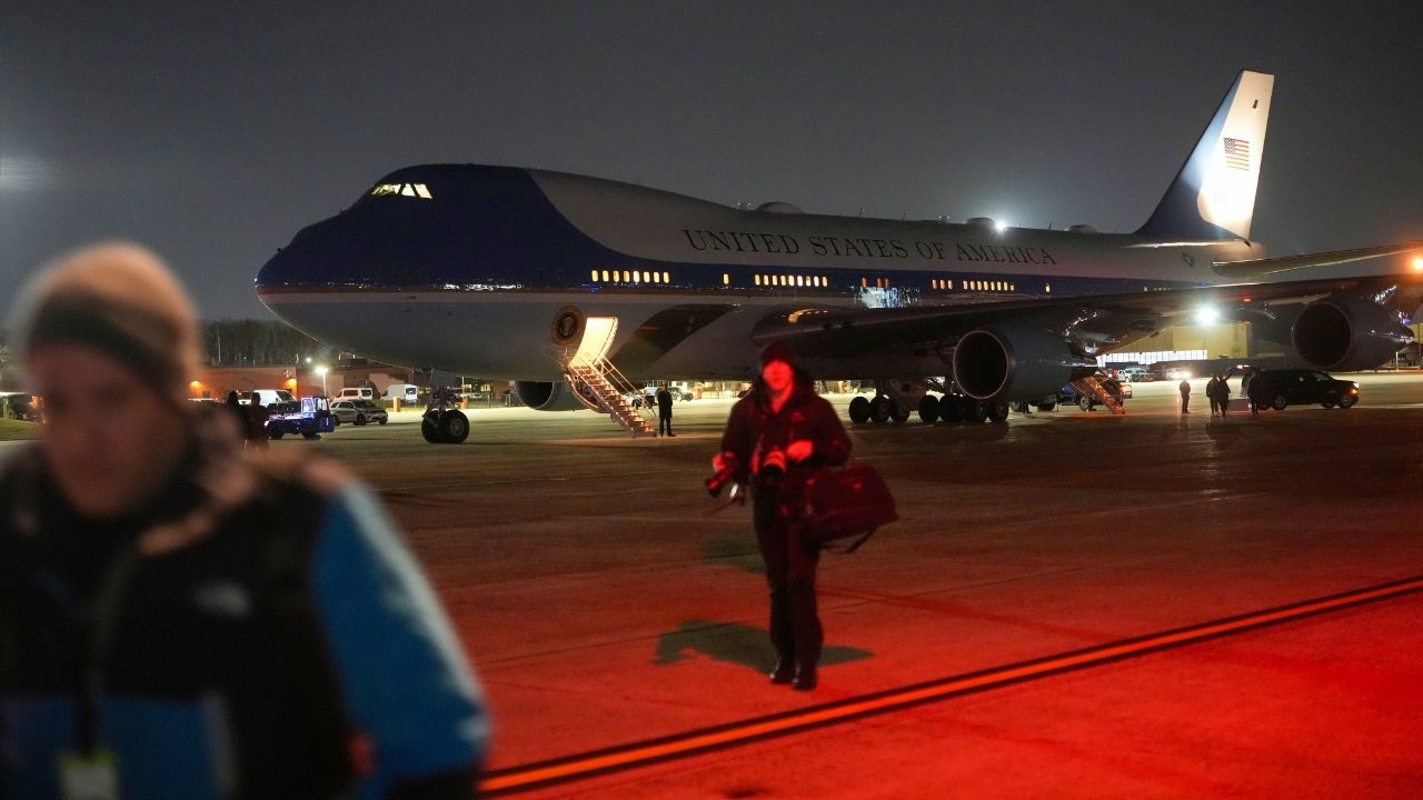 Air Force One on the tarmac at Joint Base Andrews in Maryland after returning late Tuesday night, Jan. 20, 2026, due to a “minor electrcial issue,” according to a White House official. The White House press secretary, Karoline Leavitt, said that President Donald Trump would board a different plane at the base and continue on to Switzerland, where he is expected to attend the World Economic Forum in Davos on Wednesday. (Doug Mills/The New York Times)
