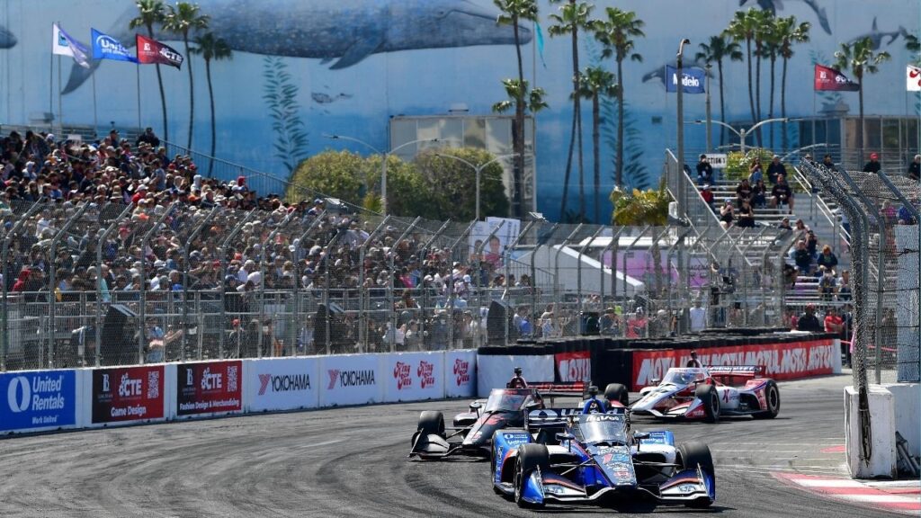 Apr 14, 2023; Long Beach, California, USA; Rahal Letterman Lanigan Racing driver Graham Rahal (15) of United States leads a group during practice at Long Beach Street Circuit. Mandatory Credit: Gary A. Vasquez-USA TODAY Sports/File Photo