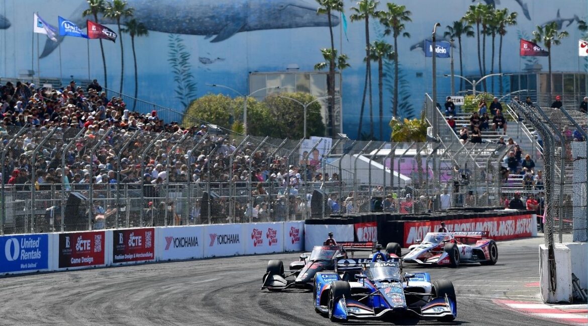 Apr 14, 2023; Long Beach, California, USA; Rahal Letterman Lanigan Racing driver Graham Rahal (15) of United States leads a group during practice at Long Beach Street Circuit. Mandatory Credit: Gary A. Vasquez-USA TODAY Sports/File Photo