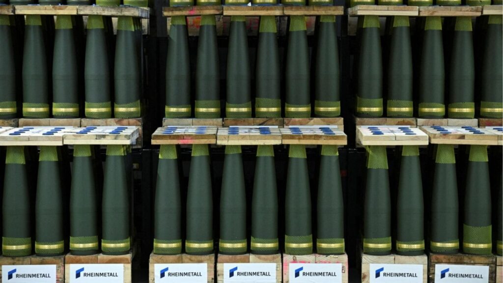 Artillery shells are lined up in an storage room at the Loading of Ammunition and Packaging (LAP) hall of the new artillery plant of ammunition maker Rheinmetall, as the media tours the facilities on the day of its inauguration, in Unterluess, Germany, August 27, 2025. (Reuters File)