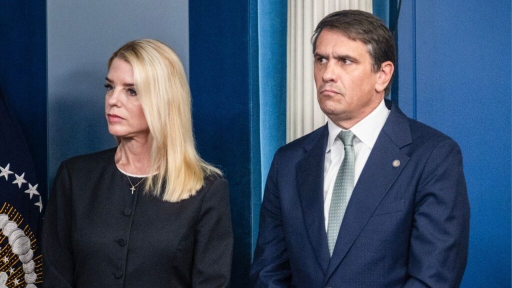 Attorney General Pam Bondi and Deputy Attorney General Todd Blanche attend a news conference at the White House in Washington, June 27, 2025. Blanche — not Bondi — fielded questions about the release on Jan. 30, 2026 of 3 million more pages of the Department of Justice’s files on Jeffrey Epstein. (Pete Marovich/The New York Times)