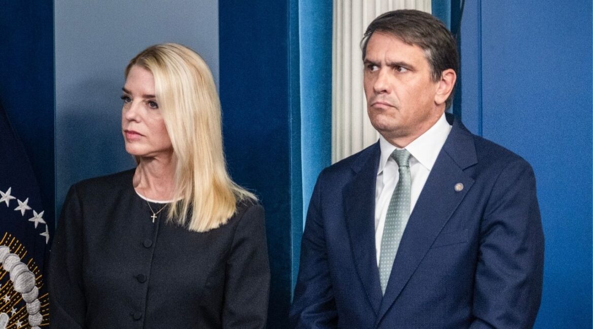 Attorney General Pam Bondi and Deputy Attorney General Todd Blanche attend a news conference at the White House in Washington, June 27, 2025. Blanche — not Bondi — fielded questions about the release on Jan. 30, 2026 of 3 million more pages of the Department of Justice’s files on Jeffrey Epstein. (Pete Marovich/The New York Times)