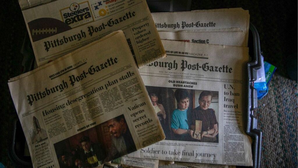 Back issues of the Pittsburgh Post-Gazette, on Sept. 1, 2023. Citing mounting losses and labor constraints, Block Communications said on Jan. 7, 2026 that the Post-Gazette would cease publication on Sunday, May 3. (Maddie McGarvey/The New York Times)