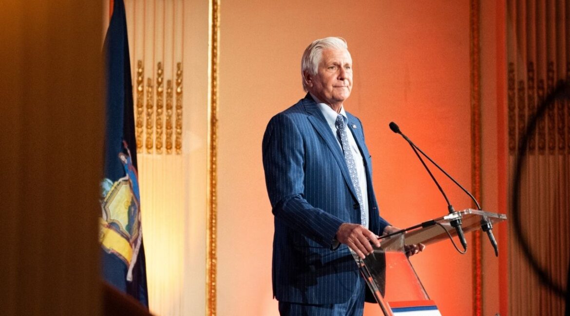 Bruce Blakeman speaks at the 2025 NYGOP Gala in Manhattan, April 15, 2025. Blakeman, the Nassau County executive running for governor, appeared in Albany, N.Y., on Wednesday, Jan. 14, 2026, to criticize Gov. Kathy Hochul’s State of the State speech delivered a day earlier. (Graham Dickie/The New York Times)