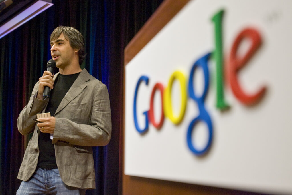 Larry Page, a co-founder of Google, speaks during a demo of the Chrome browser at Google's headquarters in Mountain View, Calif., Sept. 2,2008. Sergey Brin is joining his Google co-founder, Larry Page, in reducing ties to the state where they built their fortunes. (Peter DeSilva/ The New York Times)