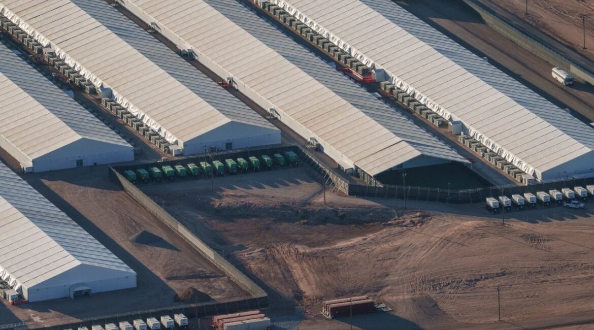 Camp East Montana, an Immigration and Customs Enforcement detention facility built at Fort Bliss in El Paso, Texas, Jan. 15, 2026. The family of a detainee who died here have filed a motion to block the deportation of two people they say witnessed the man’s death, or the moments leading up to it. (Paul Ratje/The New York Times)