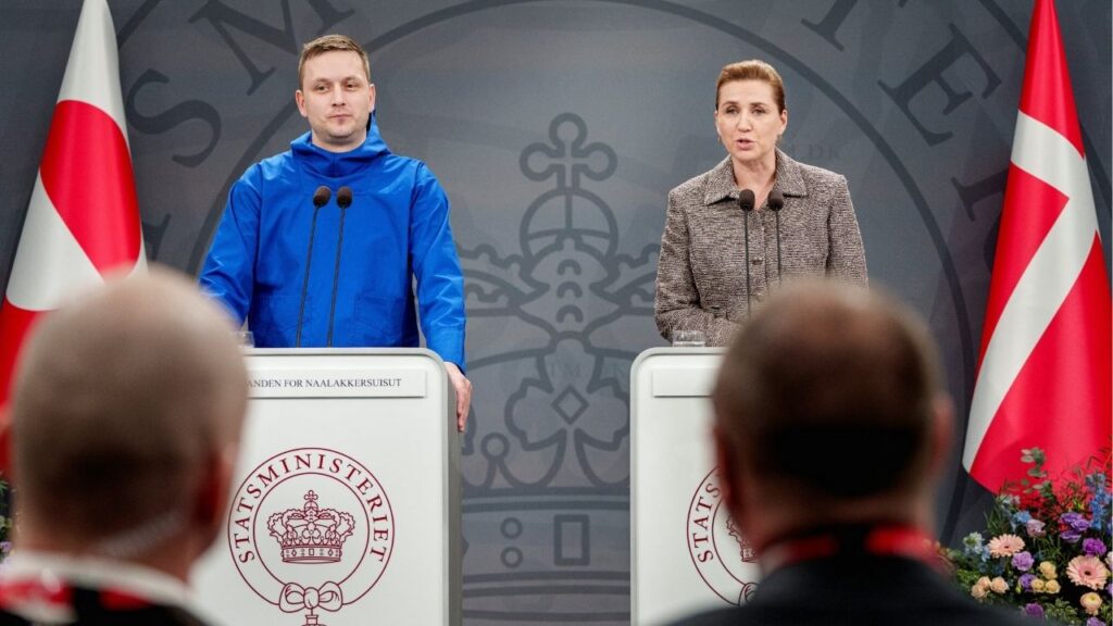Chairman of the Naalakkersuisut, Greenland's Prime Minister, Jens-Frederik Nielsen and Denmark's Prime Minister Mette Frederiksen give a statement on the current situation at a press conference in the Hall of Mirrors at the Prime Minister's Office in Copenhagen, Denmark January 13, 2026. (Liselotte Sabroe/ Ritzau Scanpix/via Reuters)