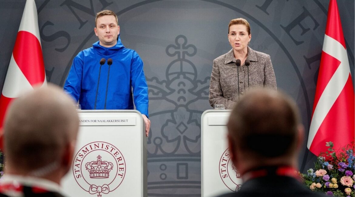 Chairman of the Naalakkersuisut, Greenland's Prime Minister, Jens-Frederik Nielsen and Denmark's Prime Minister Mette Frederiksen give a statement on the current situation at a press conference in the Hall of Mirrors at the Prime Minister's Office in Copenhagen, Denmark January 13, 2026. (Liselotte Sabroe/ Ritzau Scanpix/via Reuters)