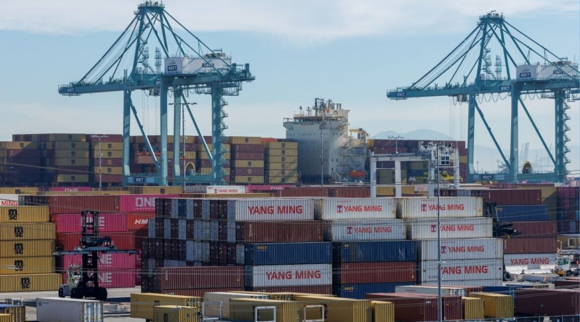 Chinese shipping containers lie stacked at the Port of Los Angeles in Los Angeles,California, U.S., January 14, 2026. (Reuters/Mike Blake)