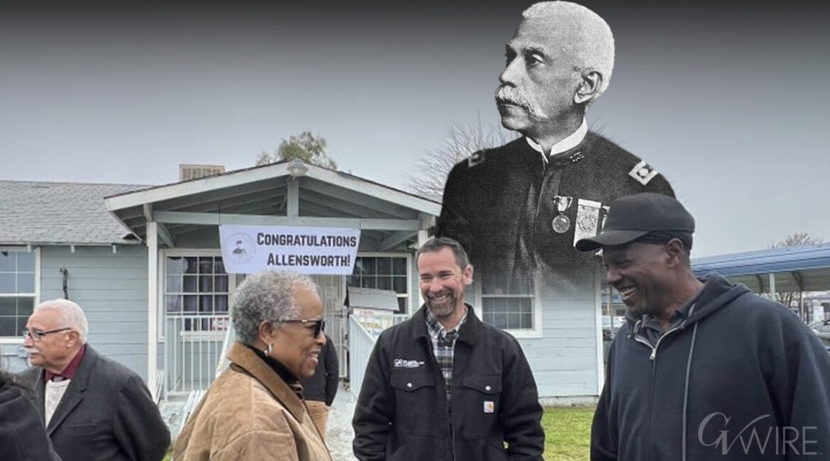 Image of Allensworth leaders and consultants celebrating the community's new water system. Superimposed on the image is Col. Allen Allensworth, who founded the community in 1908.