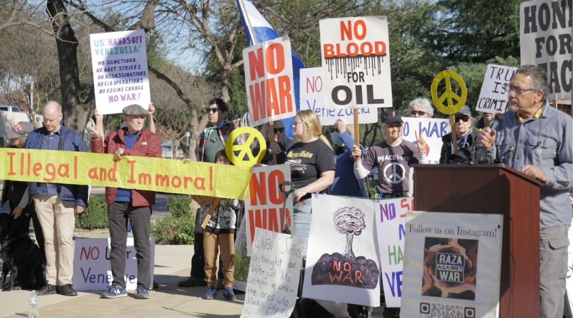 Community members held a protest regarding Venezuela in downtown Fresno on Wednesday, Jan. 7, 2025. (GV Wire/Jahziel Tello)