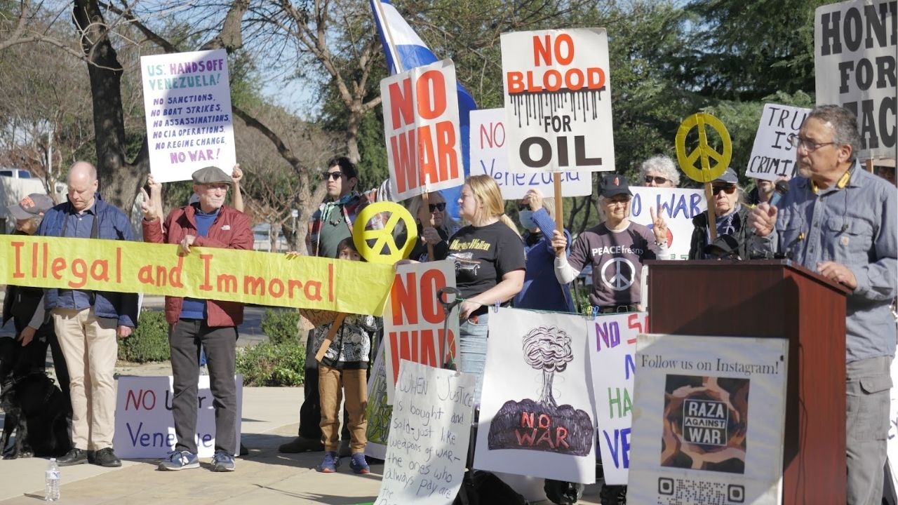 Community members held a protest regarding Venezuela in downtown Fresno on Wednesday, Jan. 7, 2025. (GV Wire/Jahziel Tello)