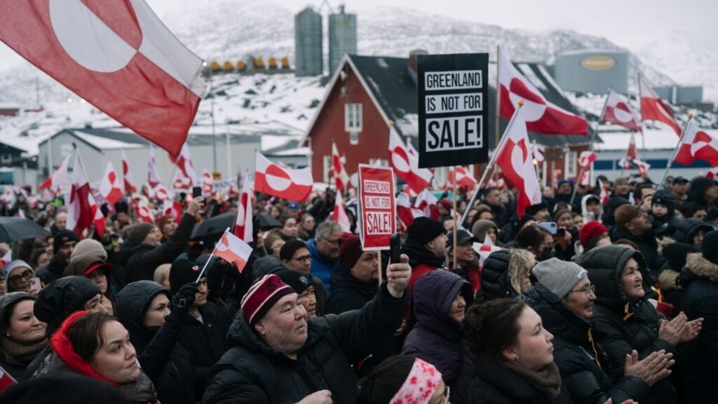 Crowds gather and wave the flag of Greenland to protest President Donald Trump and his proposal to take over Greenland in Nuuk, Greenland, Jan. 17, 2026. The president used a keynote speech at the World Economic Forum in Switzerland to renounce the last vestiges of the liberal democratic order. (Juliette Pavy/The New York Times)
