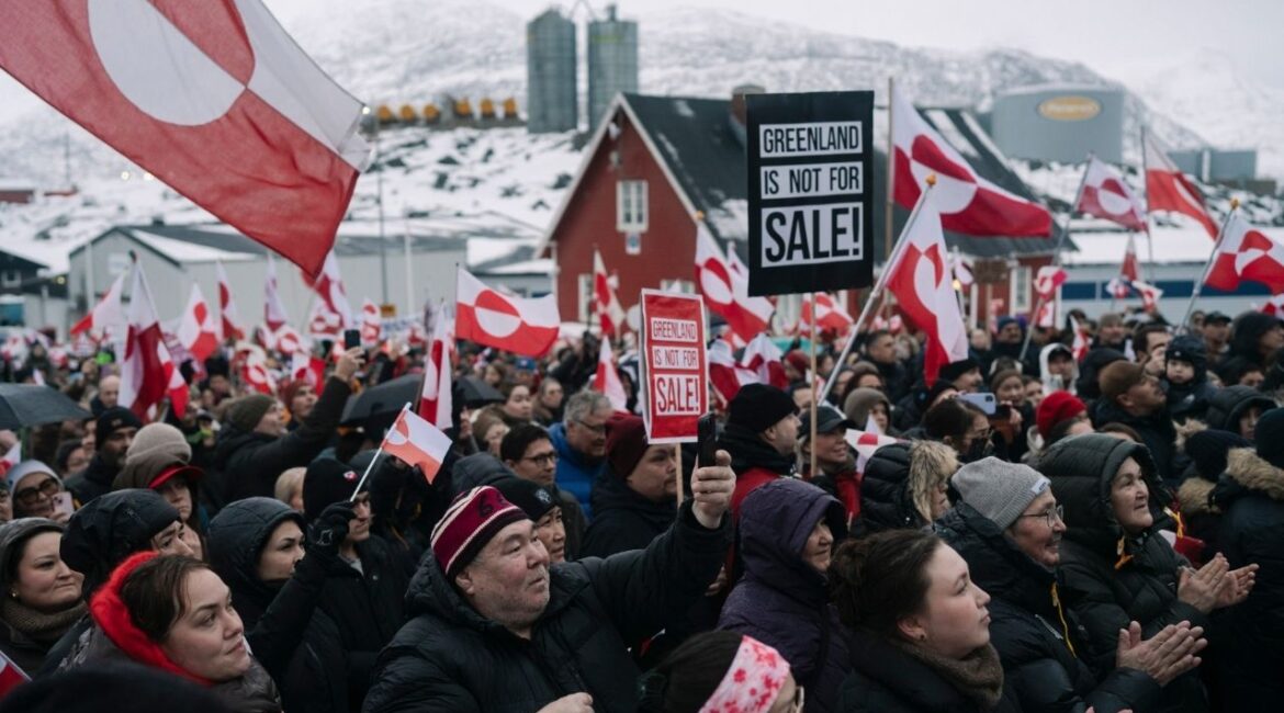Crowds gather and wave the flag of Greenland to protest President Donald Trump and his proposal to take over Greenland in Nuuk, Greenland, Jan. 17, 2026. The president used a keynote speech at the World Economic Forum in Switzerland to renounce the last vestiges of the liberal democratic order. (Juliette Pavy/The New York Times)