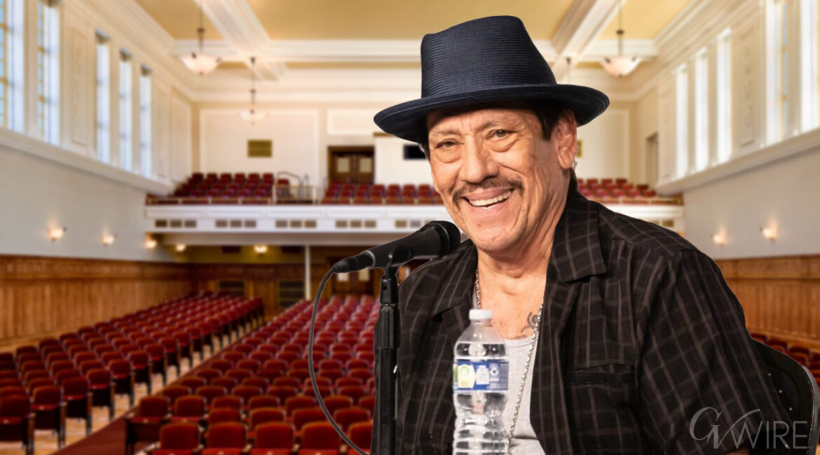 Composite Image of the actor Danny Trejo speaking inside the Old Administration Building at Fresno City