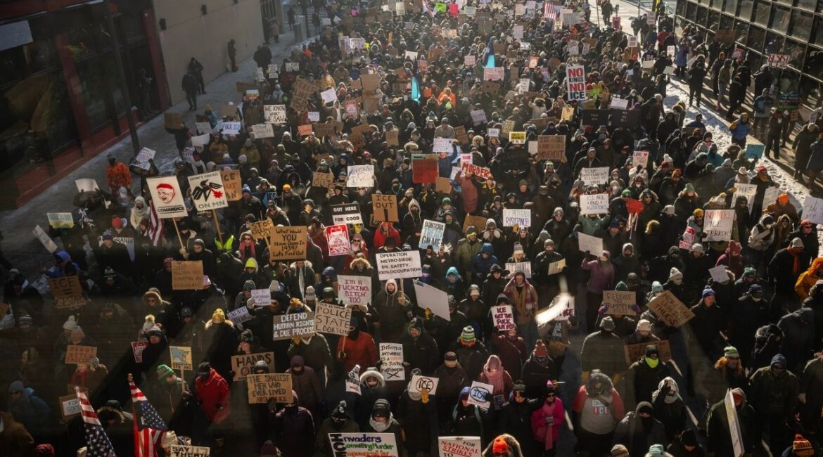 Demonstrators march to protest federal immigration enforcement operations and to demand justice for Renee Good and Alex Pretti, both of whom were fatally shot by federal immigration agents, in Minneapolis on Sunday, Jan. 25, 2026. Even as the second death of a protester in Minnesota brought demands for accountability, President Donald Trump, insulated from dissenting voices, stuck to his pattern of reflexively blaming opponents. (Victor J. Blue/The New York Times)