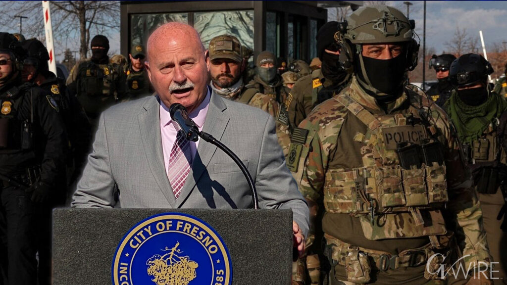 Image of Fresno Mayor Jerry Dyer superimposed over ICE agents. In an MLK Day speech, the Republican mayor called out federal agents for using tactics abandoned long ago by local and state law enforcement