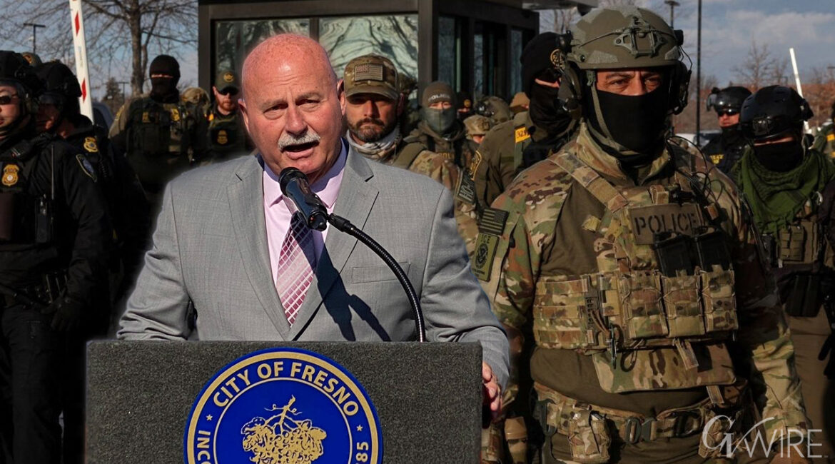 Image of Fresno Mayor Jerry Dyer superimposed over ICE agents. In an MLK Day speech, the Republican mayor called out federal agents for using tactics abandoned long ago by local and state law enforcement
