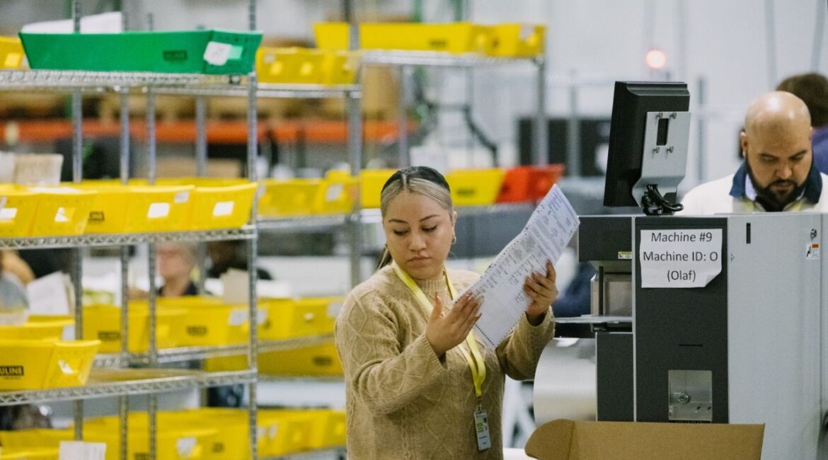 Election workers process ballots in Philadelphia on Election Day, Nov. 5, 2024. Donald Trump frequently claimed during the 2024 campaign that large numbers of noncitizens would be voting for president. With his administration now reviewing tens of millions of voter records, results so far indicate there is no evidence of widespread fraud. (Michelle Gustafson/The New York Times)