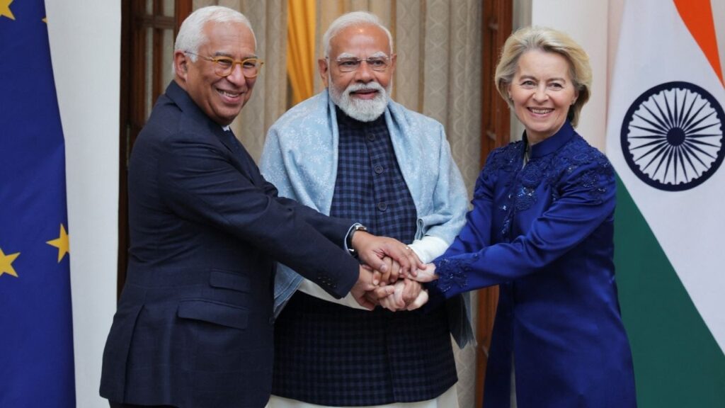 European Council President Antonio Costa, European Commission President Ursula von der Leyen and Indian Prime Minister Narendra Modi pose during a photo opportunity ahead of their meeting at the Hyderabad House in New Delhi, India, January 27, 2026. (Reuters/Altaf Hussain)