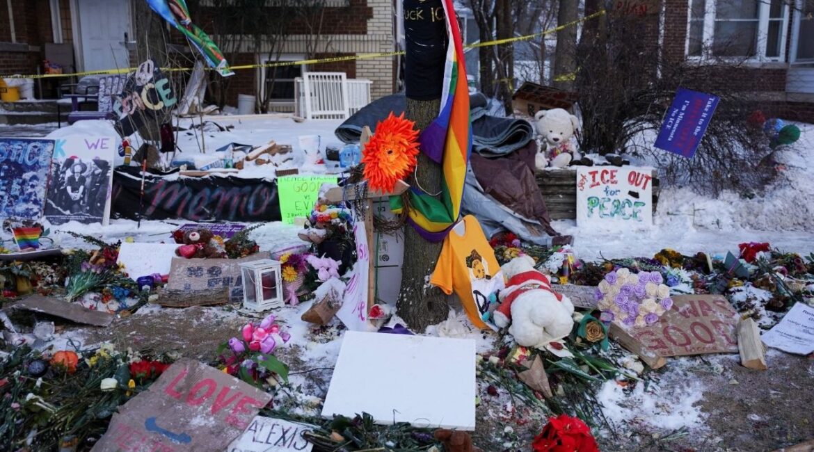 Flowers, toys and signs lie at a makeshift memorial at the site of the fatal shooting of Renee Nicole Good by a U.S. Immigration and Customs Enforcement (ICE) agent on January 7, in Minneapolis, Minnesota, U.S., January 21, 2026. (Reuters/Seth Herald)