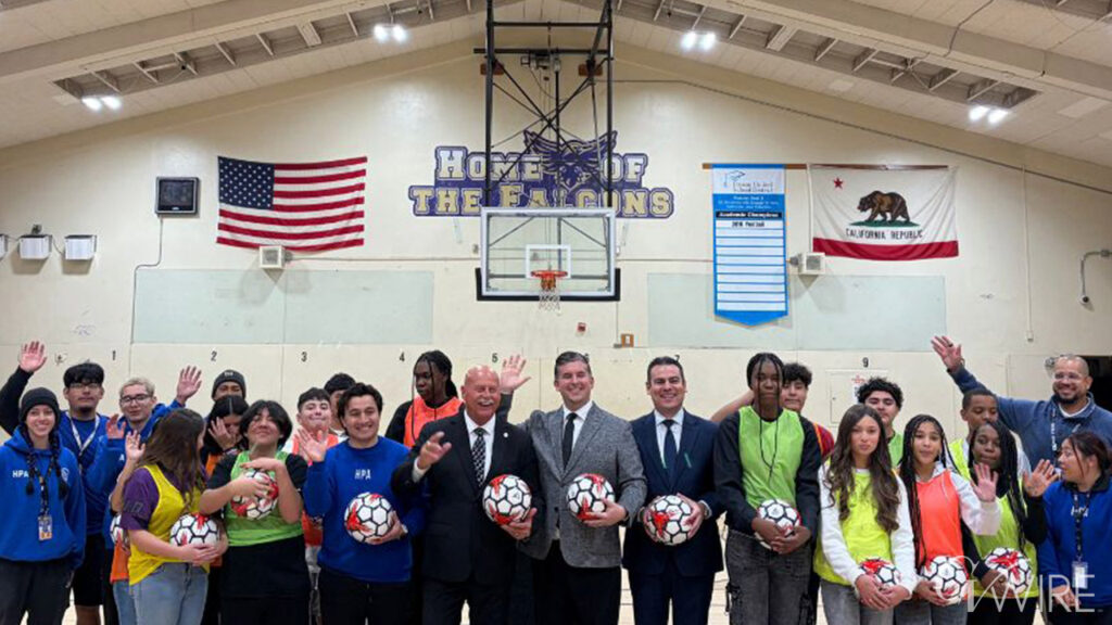 Councilmember Tyler Maxwell, Mayor Jerry Dyer and HPA CEO Jesus Garcia gathered at Fort Miller Middle School Gym with students to share the Measure P grant opportunity.
