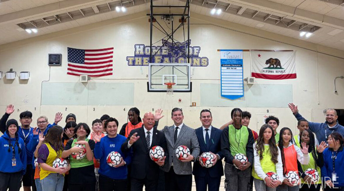Councilmember Tyler Maxwell, Mayor Jerry Dyer and HPA CEO Jesus Garcia gathered at Fort Miller Middle School Gym with students to share the Measure P grant opportunity.