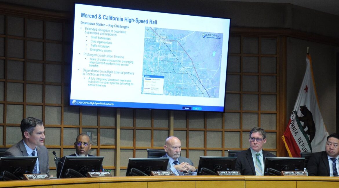 Image of Merced mayor and city councilmembers discussing a new site for Merced's high-speed rail station