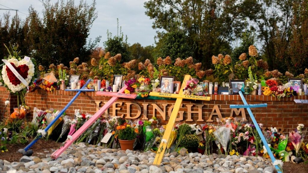 A makeshift memorial for the victims of a shooting at the Hedingham Golf Club in northeast Raleigh, N.C., Oct. 16, 2022. A teenager who went on a killing rampage that left five people dead in North Carolina in 2022 pleaded guilty on Wednesday to all charges against him, avoiding a rare trial for a surviving mass shooter that was expected to be closely watched in the state. (Veasey Conway/The New York Times)