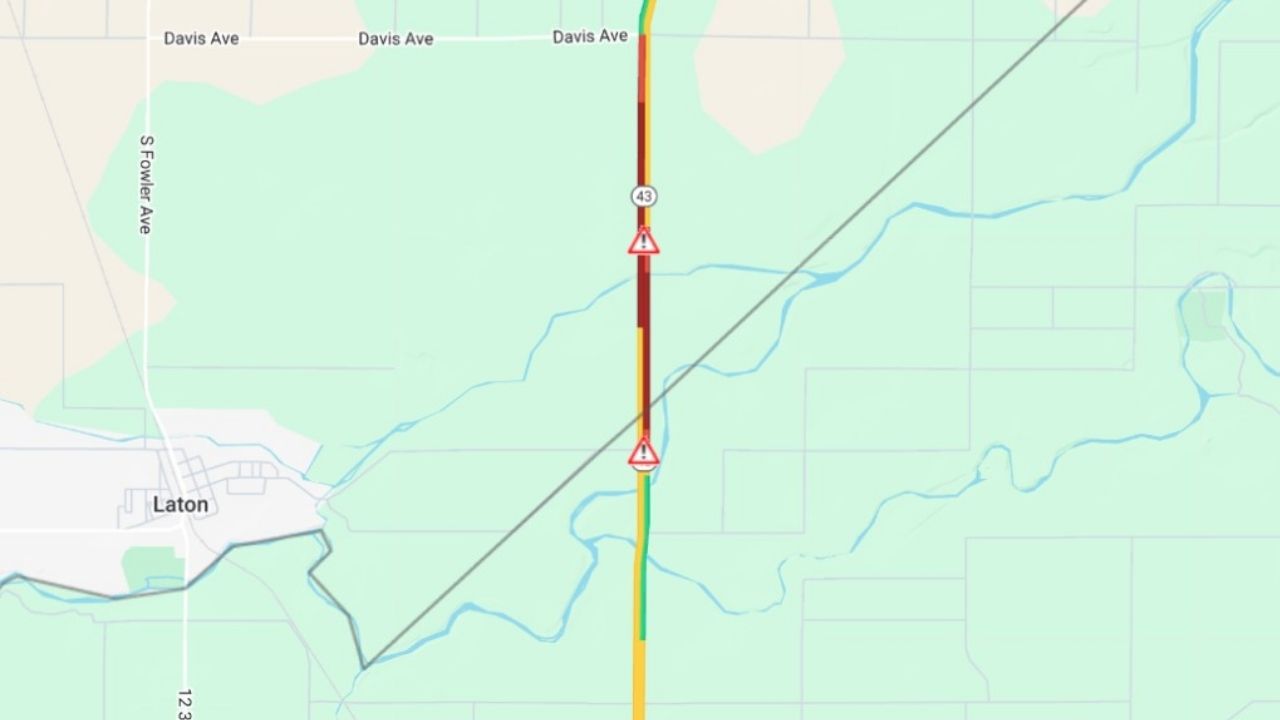 Highway 43 is blocked Friday, Jan. 16, 2026, at the Fresno–Kings County line after a multi-vehicle crash, with traffic diverted. (Caltrans)