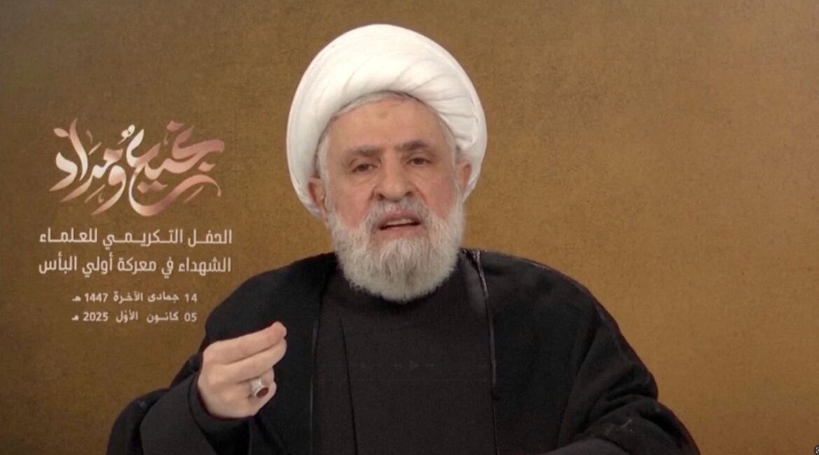 Lebanon's Hezbollah chief Naim Qassem gives a televised speech from an unknown location in this still image obtained from a video released December 5, 2025. (Reuters File)