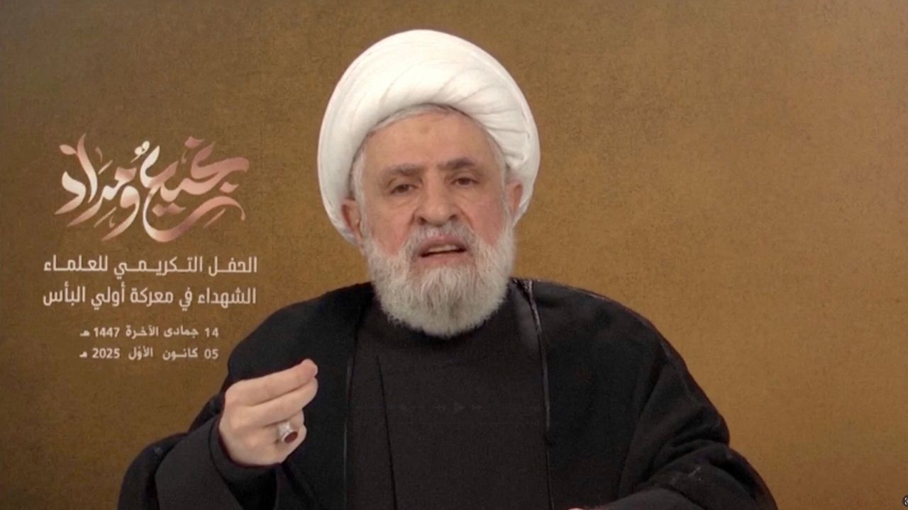 Lebanon's Hezbollah chief Naim Qassem gives a televised speech from an unknown location in this still image obtained from a video released December 5, 2025. (Reuters File)